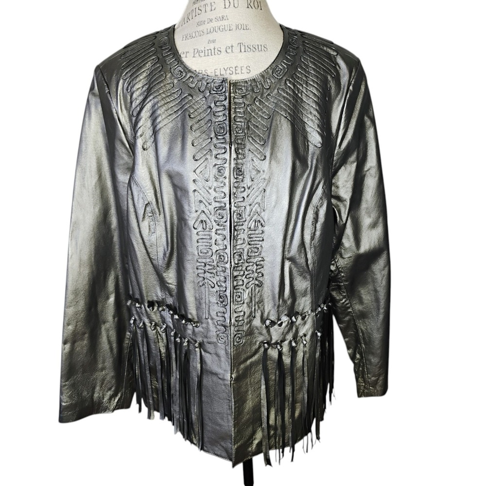 Chi by Carlos Falchi Leather Jacket 2XL Silver‎ Metallic Fringe Glam Maximalist